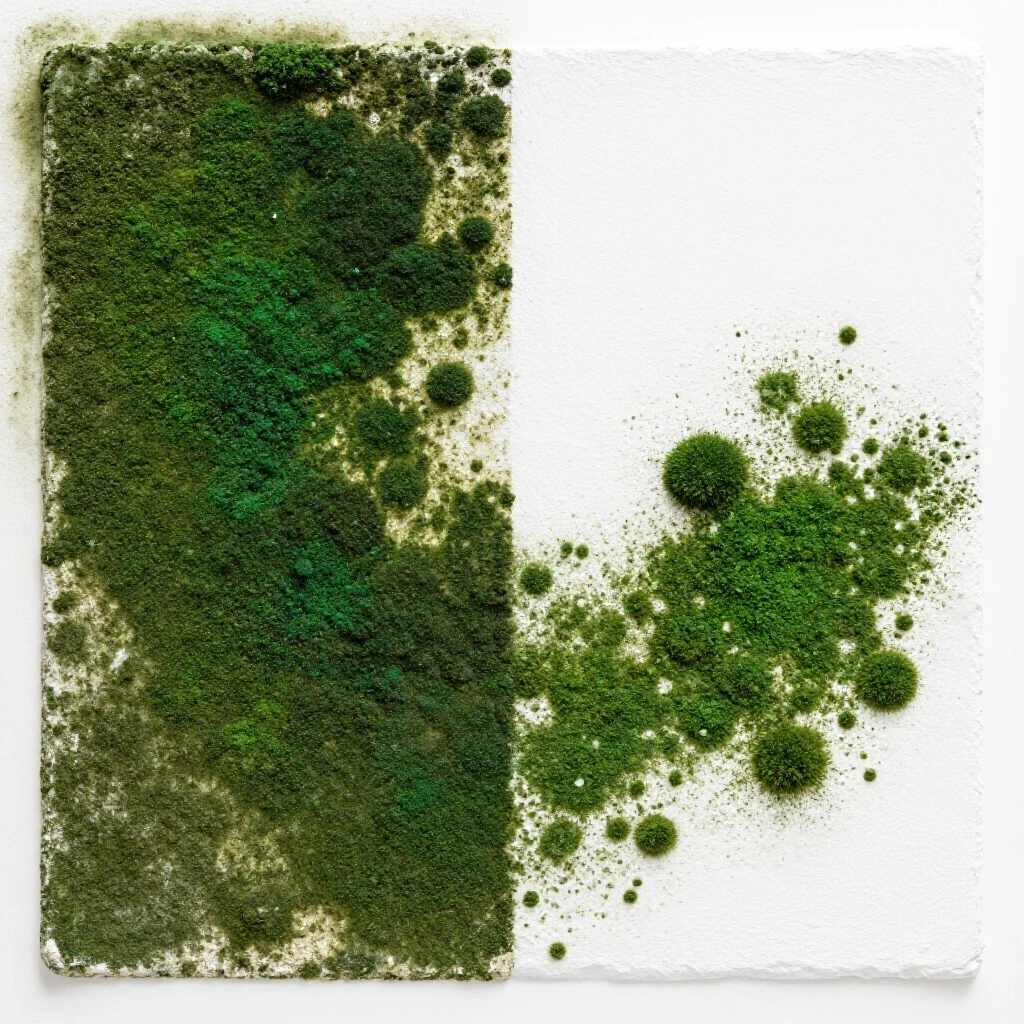 Close-up of a textured wall with vibrant green mold on one side and a clean white surface on the other, showcasing transformation.