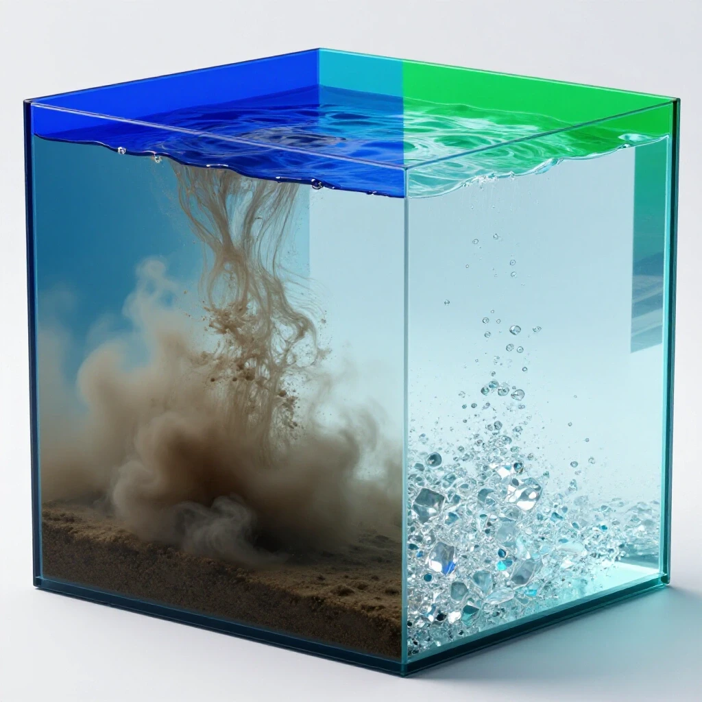 A split image showing a cloudy water tank on the left and a crystal-clear tank on the right, illustrating sediment removal.