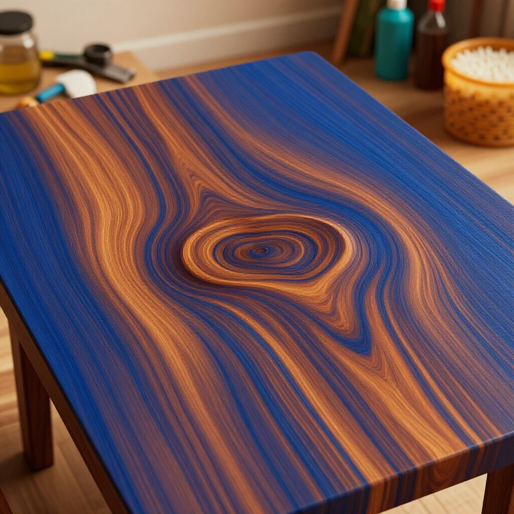Close-up of a polished wood table featuring a contrasting water ring, surrounded by blurred DIY tools and cleaning supplies.