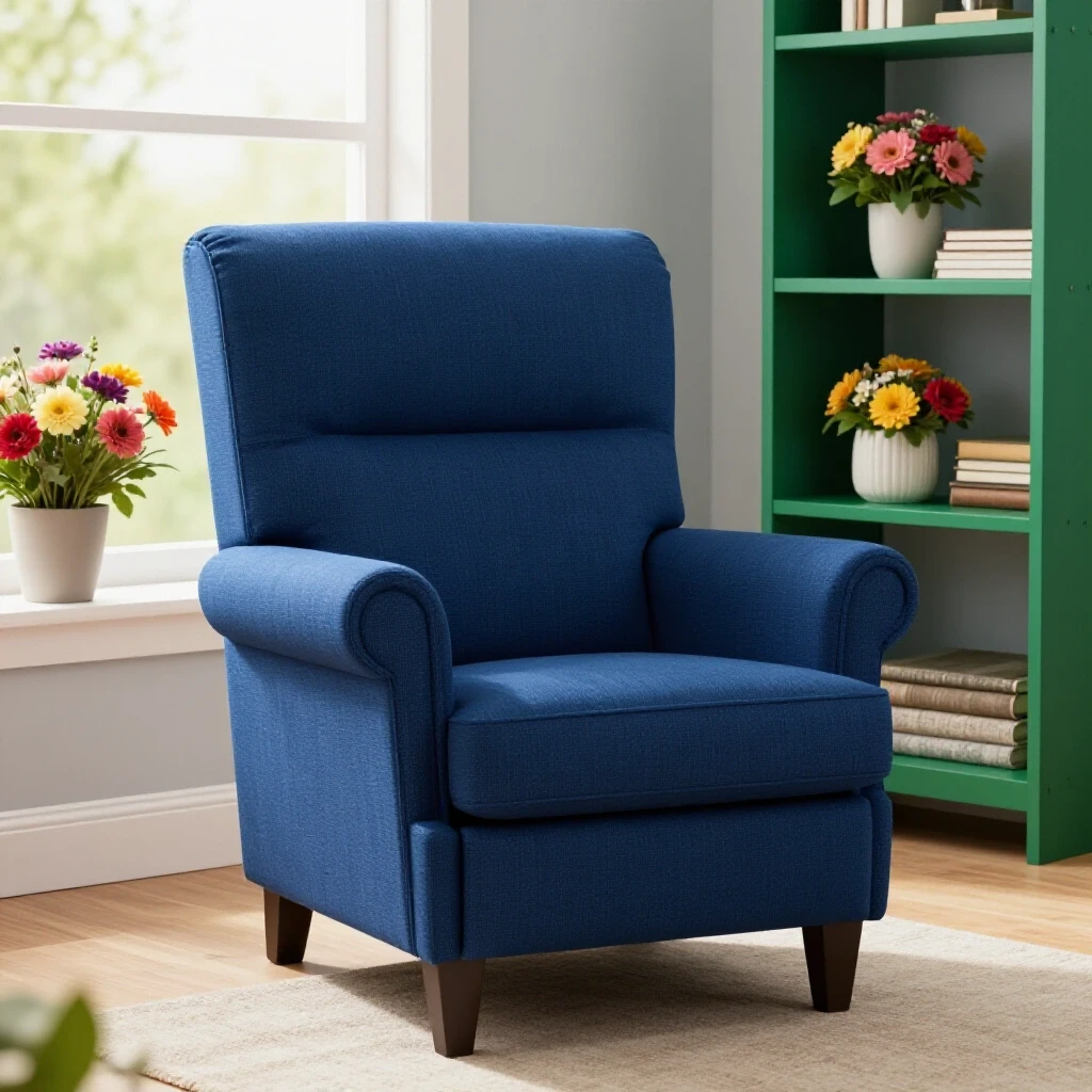 A cozy living room featuring a stylish armchair and accessible shelving, with vibrant flowers visible through the window.