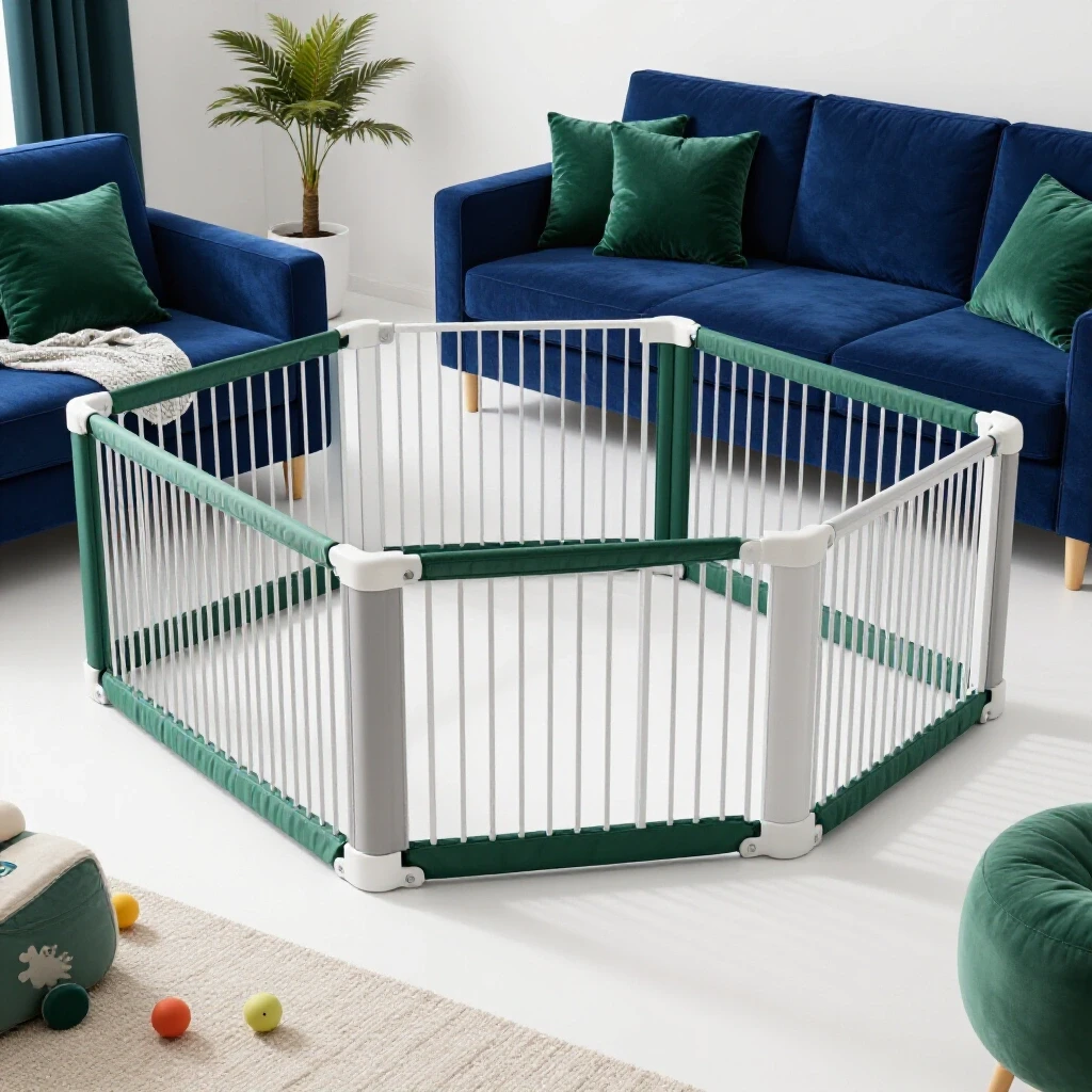 A beautifully designed living room showcasing baby-proofing features like safety gates and corner protectors in a cozy setting.