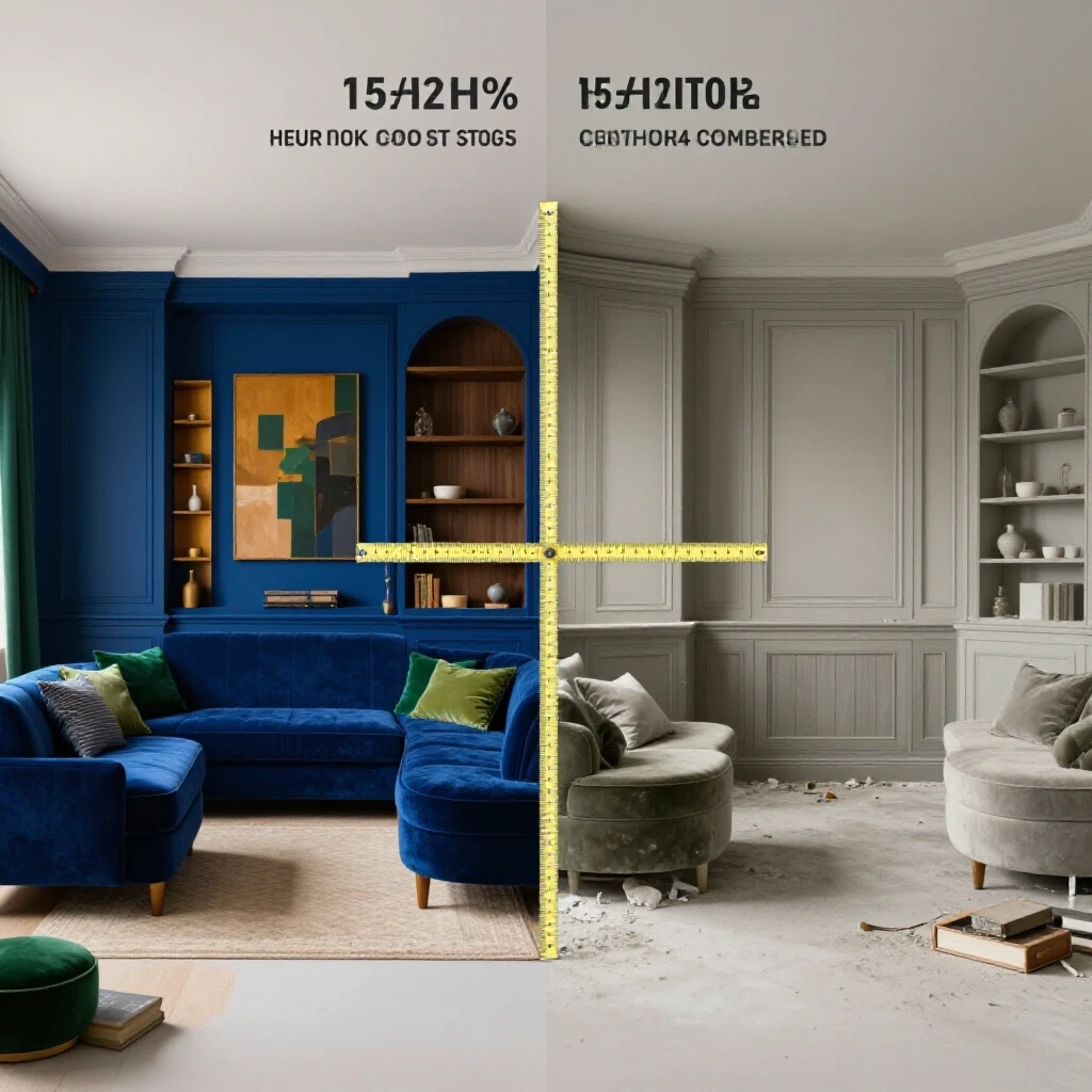 A split view of a stunning renovated room and a cluttered space, illustrating renovation stages with vibrant colors.