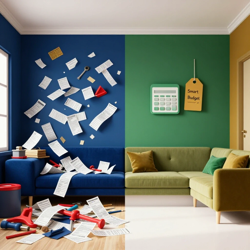A split image of a chaotic renovation scene on one side and a serene, budget-friendly room on the other, illustrating renovation tips.