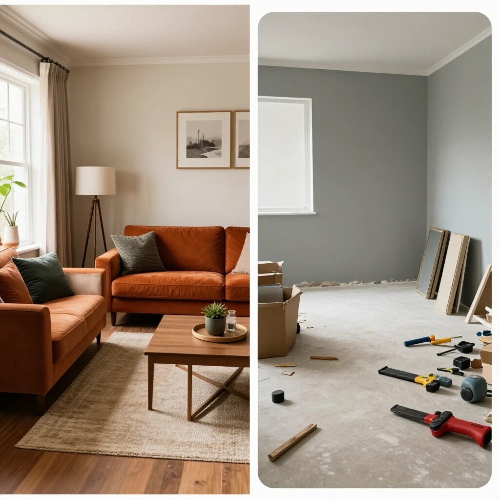 A split image of a beautifully renovated room on the left side and a chaotic unfinished space on the right, showcasing contrasting home environments.