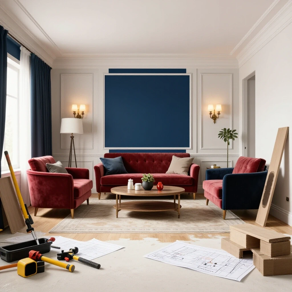 A partially renovated room showing a finished decor side and a construction side with tools, illustrating budget management in renovations.