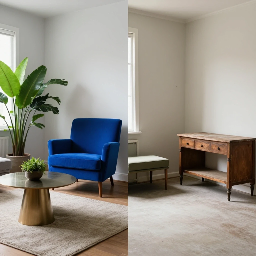 A split view of a beautifully renovated room showcasing rich colors and decor compared to an outdated space.
