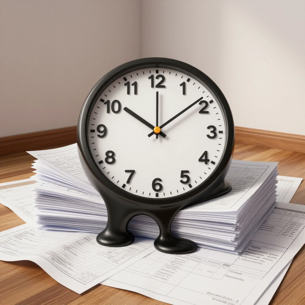 A partially renovated room with a melting clock on blueprints symbolizes renovation delays and costs.