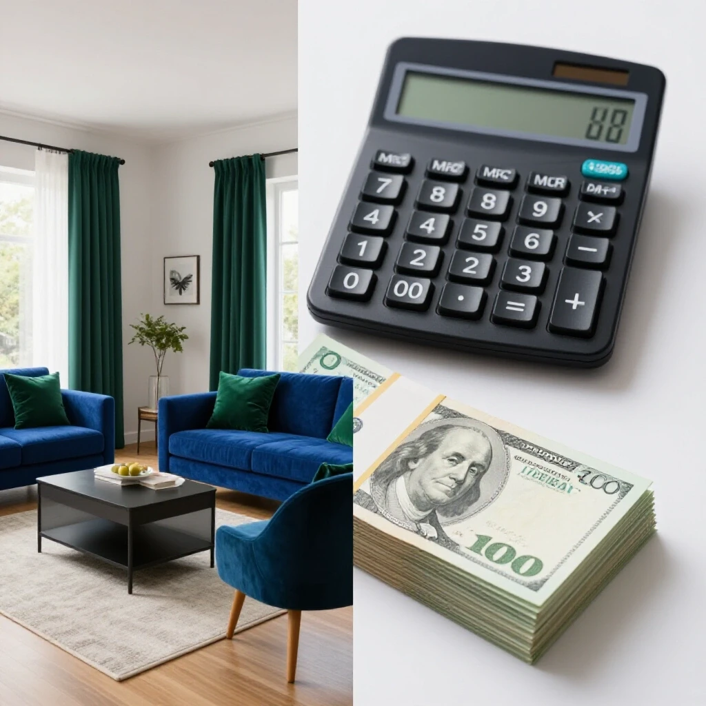 A split image showing a renovated home interior alongside a stack of bills and a calculator, illustrating renovation costs.