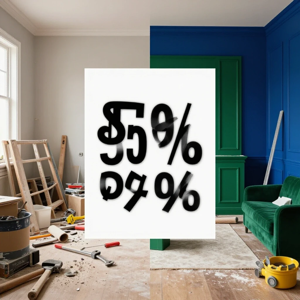 A split-image showing a chaotic renovation scene on the left and a beautifully completed room on the right, highlighting design contrasts.