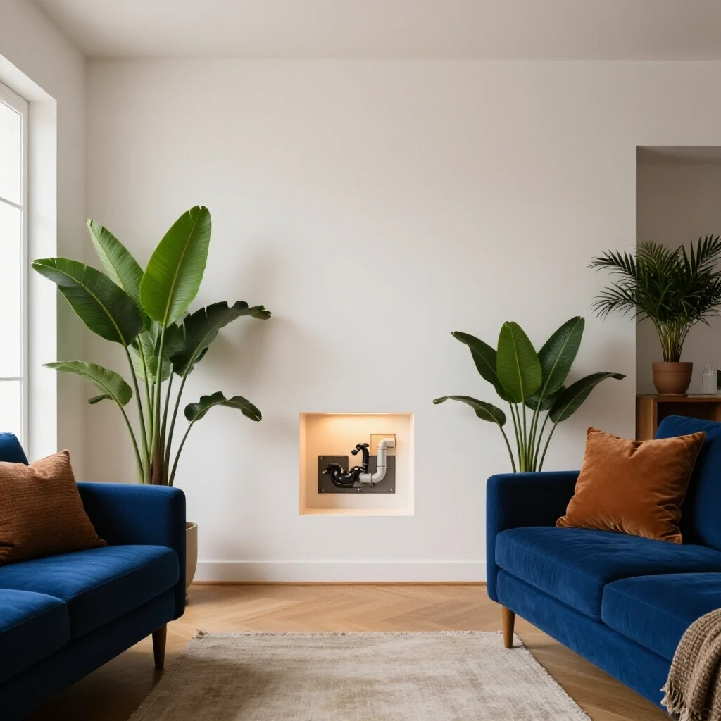 Arenovated living room showcasing a concealed plumbing access panel, designed to blend aesthetic appeal with functionality.