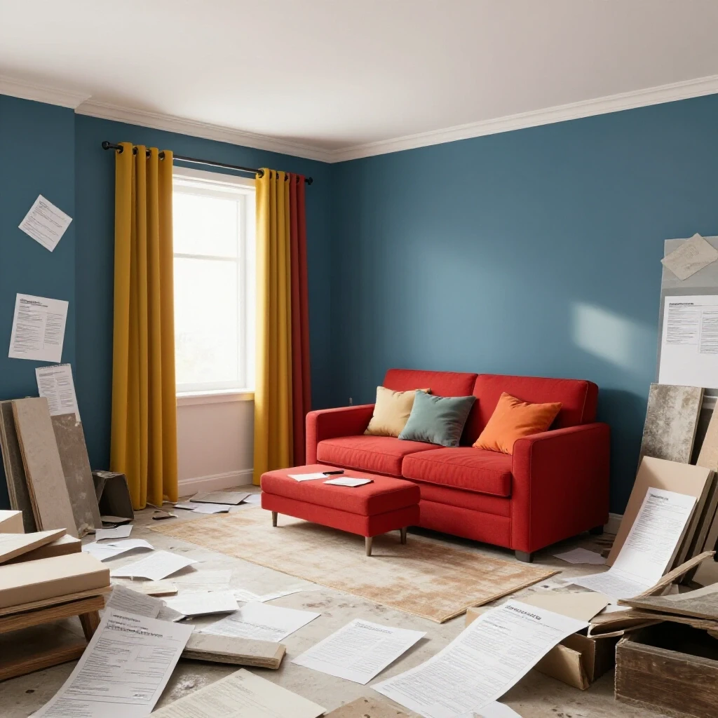 Contrast between a vibrant, completed renovation and a chaotic renovation workspace filled with materials.