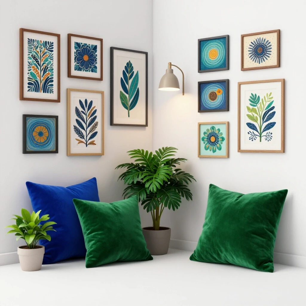 Cozy rental apartment corner showcasing budget-friendly decor with colorful pillows, lamp, and plant.