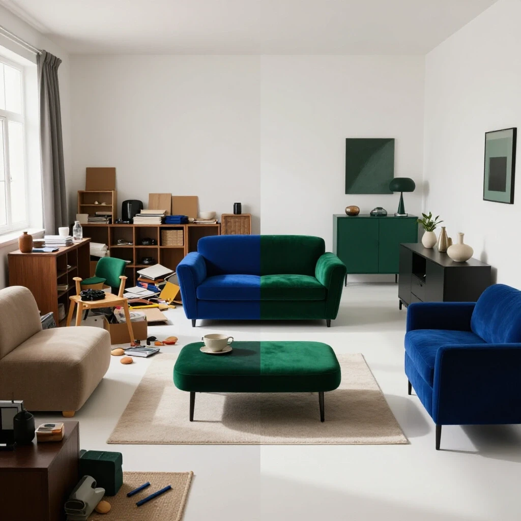 A split-room image contrasting a cluttered rental space with a sleek, organized environment, highlighting transformation.