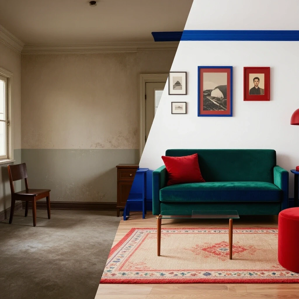 A striking visual transformation of a rental space from outdated to stylish, split diagonally with vibrant colors.