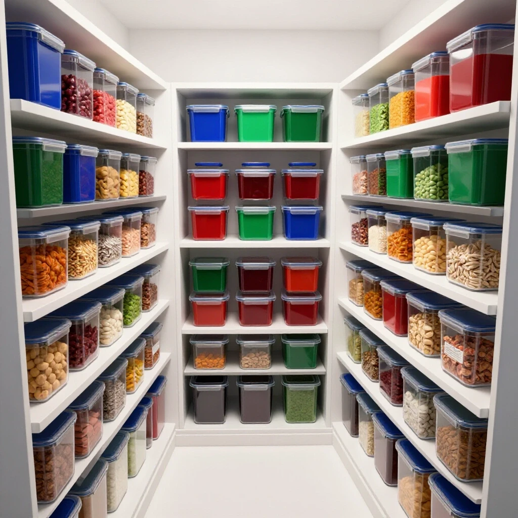 Overhead view of an organized pantry with vibrant food items and chaotic expired section, invoking transformation curiosity.
