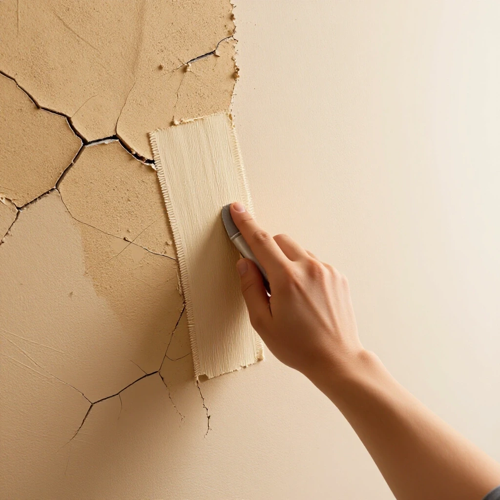 A hand applying repair paste on a cracked plaster wall, showing contrast between damaged and restored surfaces.