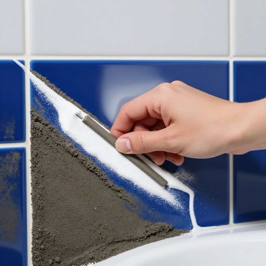 A close-up image showing a hand expertly applying fresh, sparkling grout to bathroom tiles, highlighting the contrast with dirty grout.