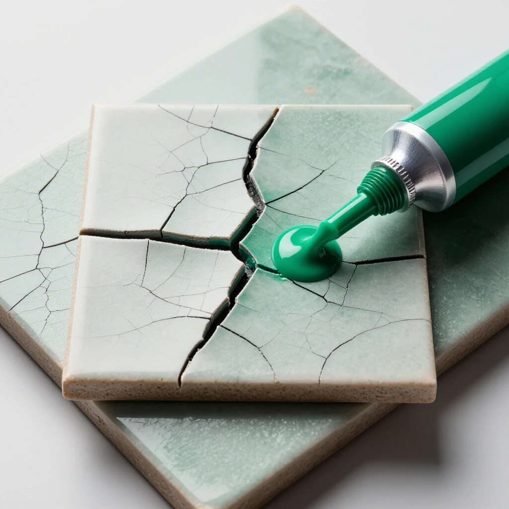 A cracked tile with a vibrant epoxy repair tool beside it, showcasing repair techniques against a bright background.