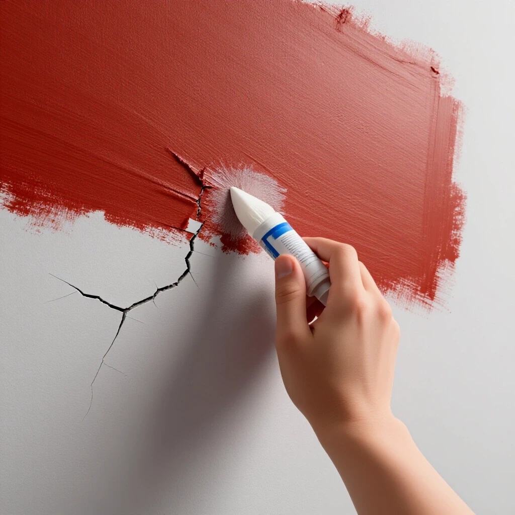 Close-up of a hand applying repair compound to a cracked wall with a restored section behind it, highlighting the repair process.