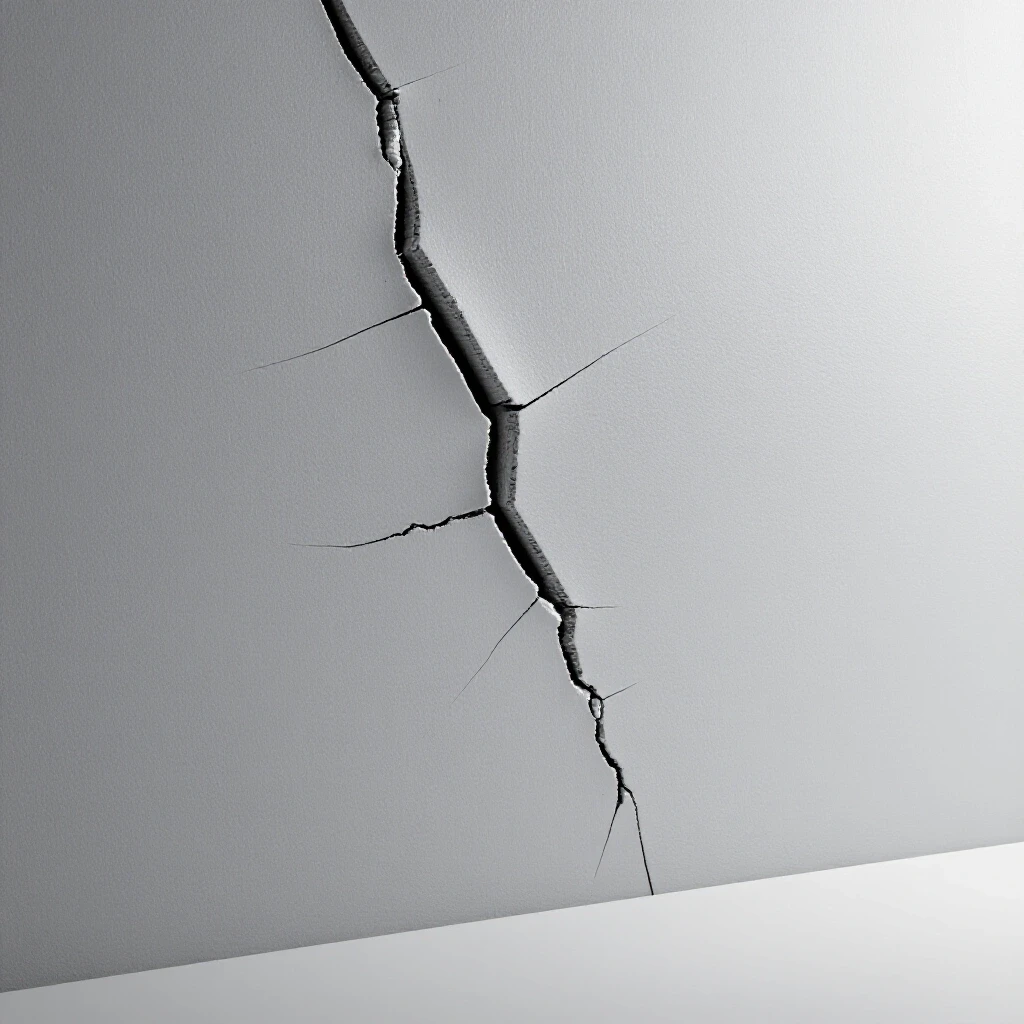 Close-up image of a wall with a prominent hairline crack beside a perfectly painted section, showcasing repair differences.