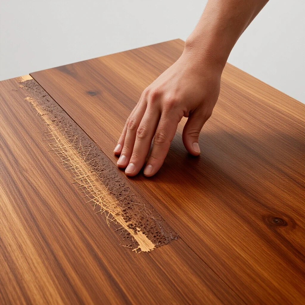 Close-up of a hand applying wood finish on a scratched hardwood floor, showcasing restoration.