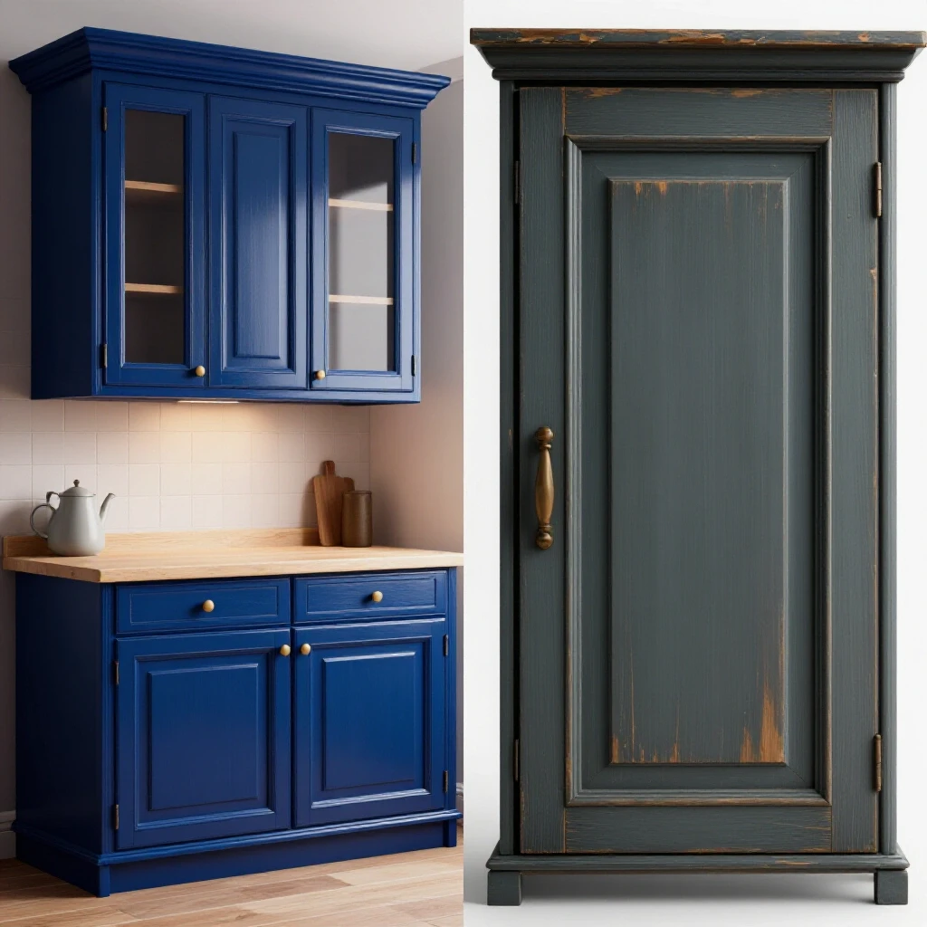 Split-screen image showing a glossy restored kitchen cabinet next to a damaged water-stained cabinet door for repair techniques.