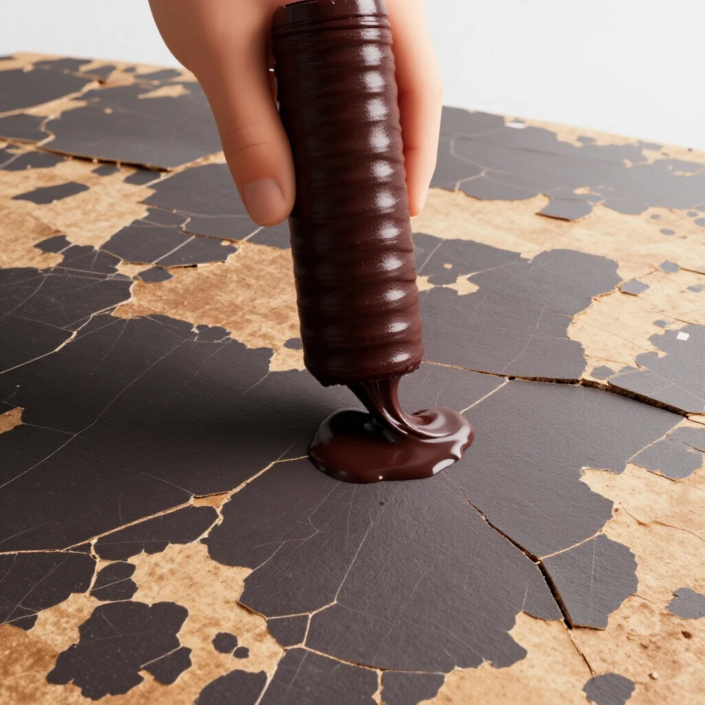A close-up of a hand applying fresh caulk to a cracked surface, showcasing the texture difference.