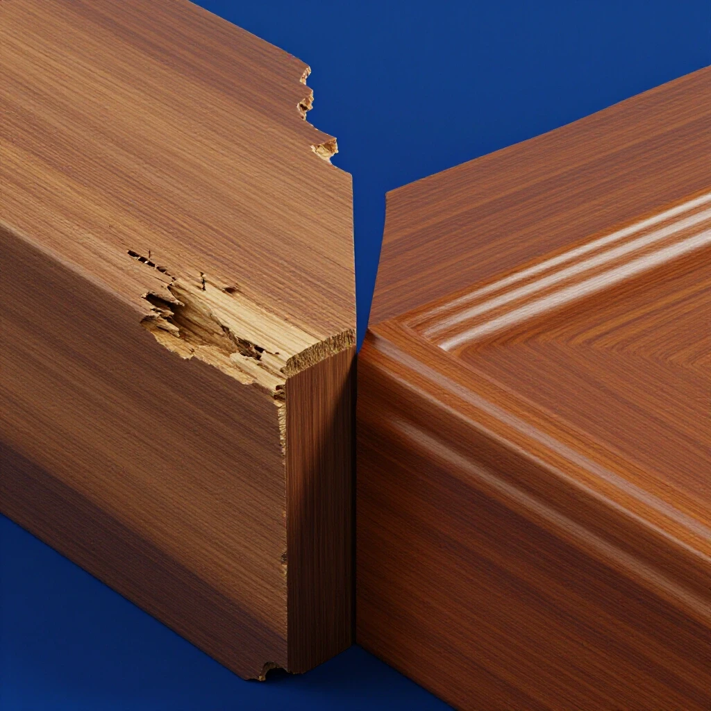 A split trim joint displayed in a dramatic before-and-after view, showcasing repair transformation.