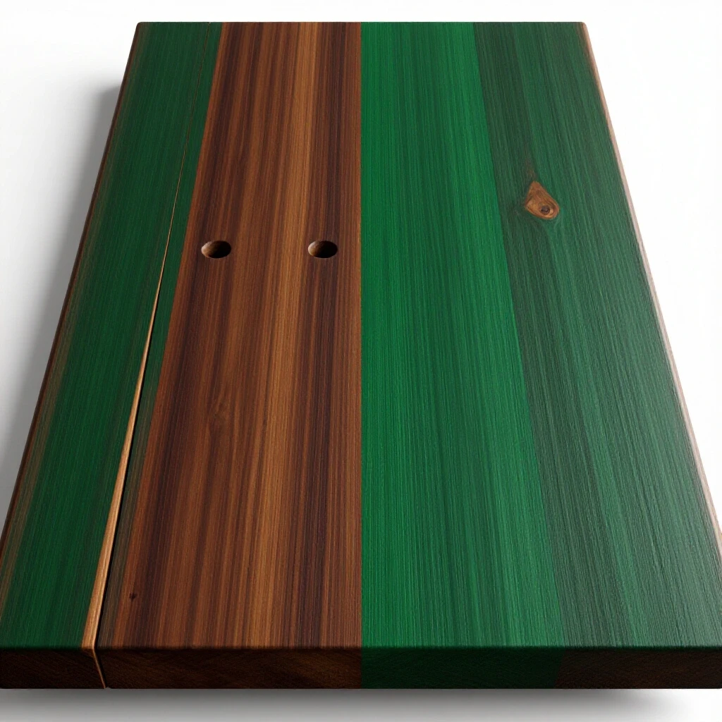 Close-up of a beautifully finished wood surface showing split trim nail holes and seamlessly blended patches, highlighting the repair transformation.