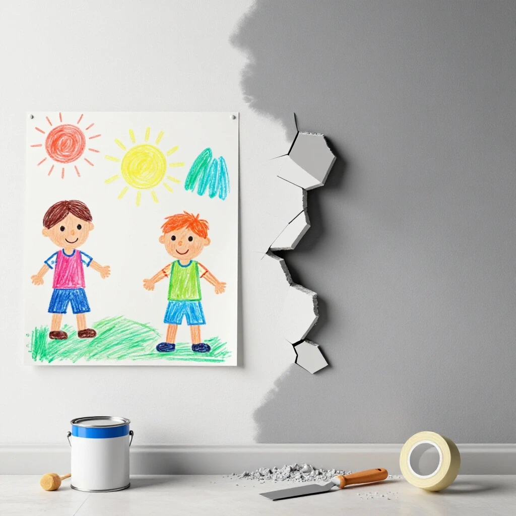 A vibrant children's drawing contrasting with a damaged wall, showcasing repair tools, in a bright studio setting.