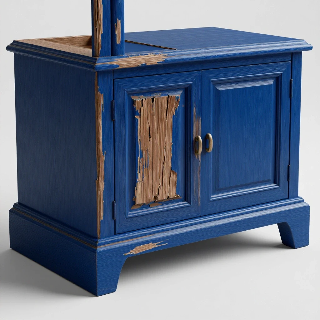 A restored royal blue cabinet base next to a water-damaged cabinet base highlighting the contrasting textures.