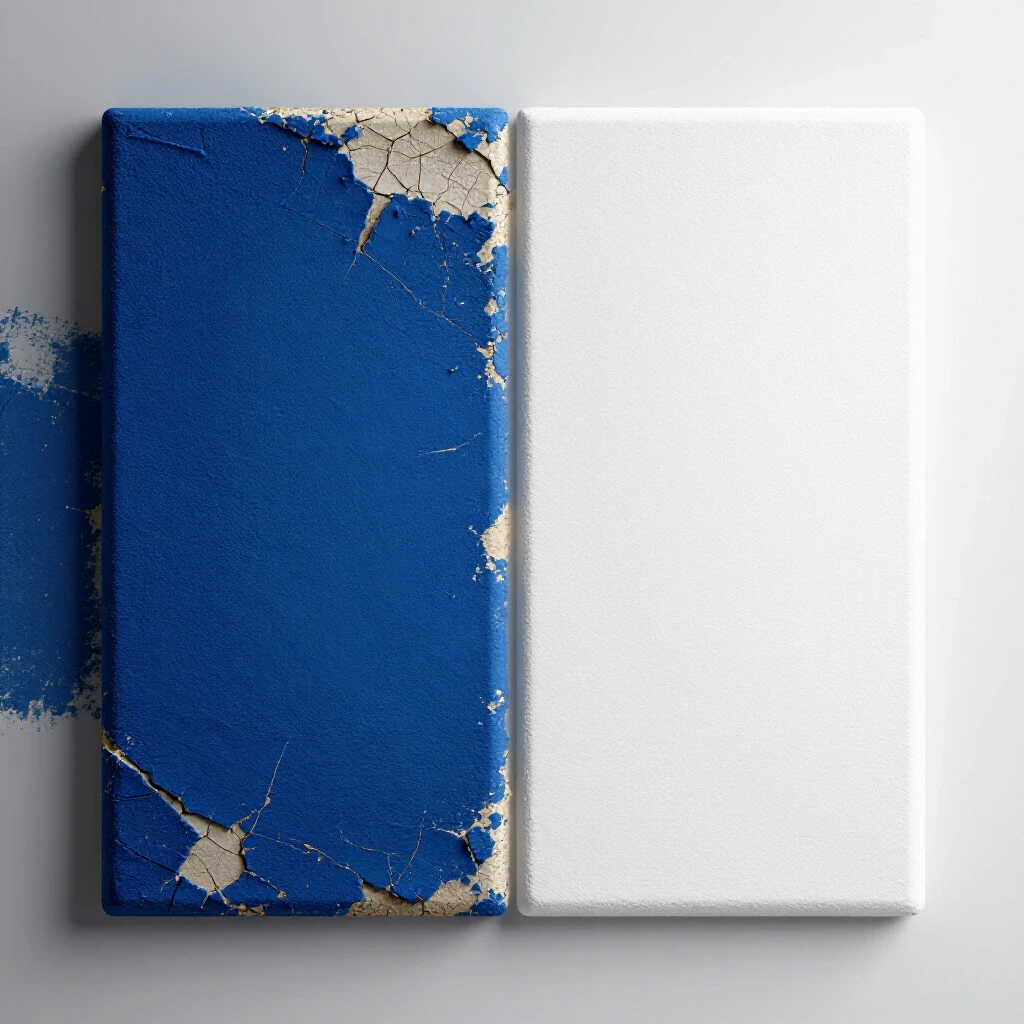 A close-up view of contrasting water-stained and newly repaired drywall showcasing the transformation process.