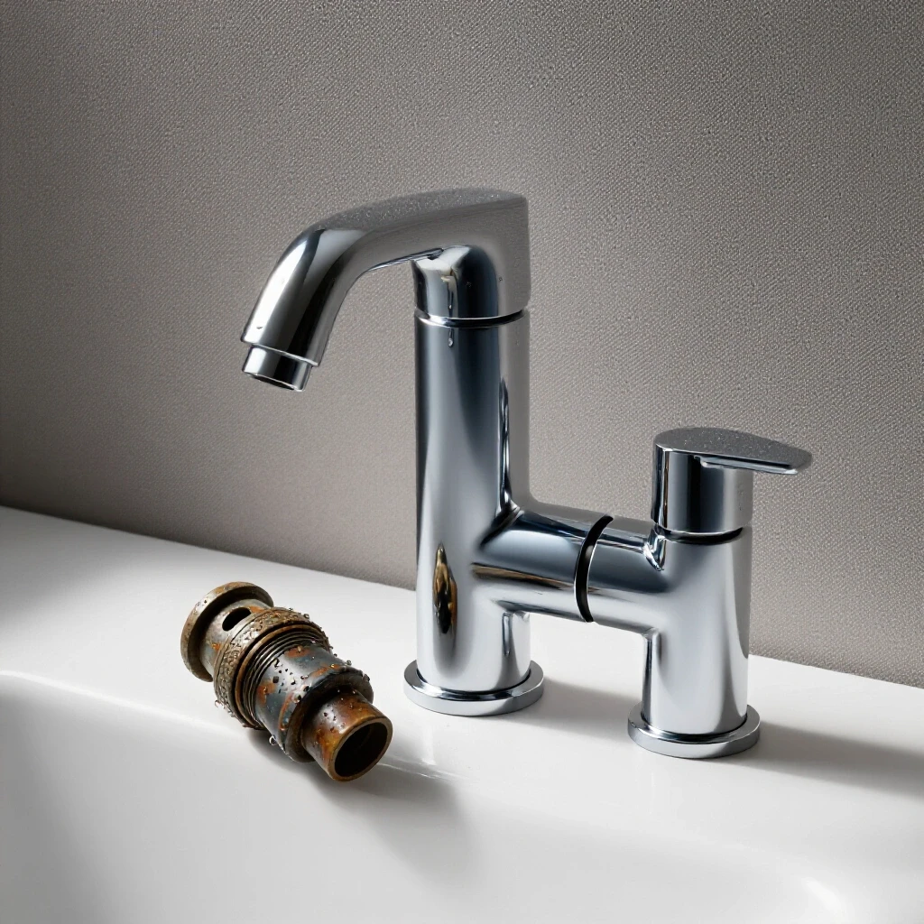 A shiny new bathroom faucet next to an old, corroded aerator highlighting the transformation process.