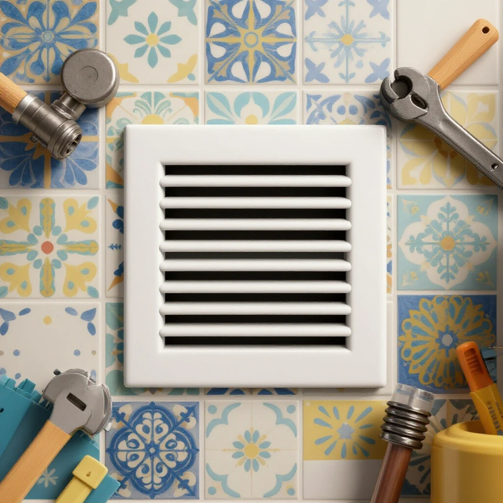 Close-up of a bathroom floor vent being replaced with colorful patterned tiles in the background, showcasing DIY tools.