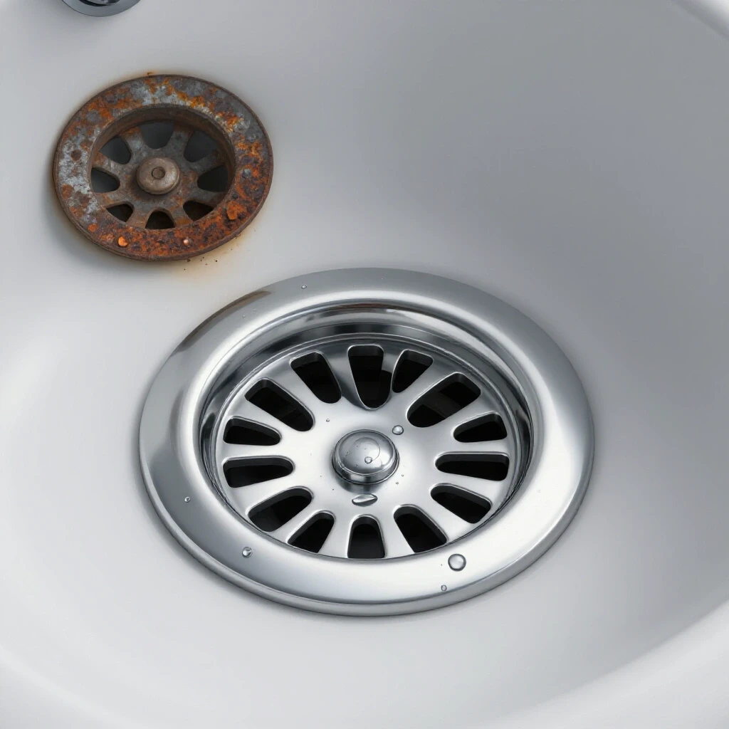 A close-up of a shiny new pop-up drain being installed in a stylish bathroom sink with glistening water droplets.