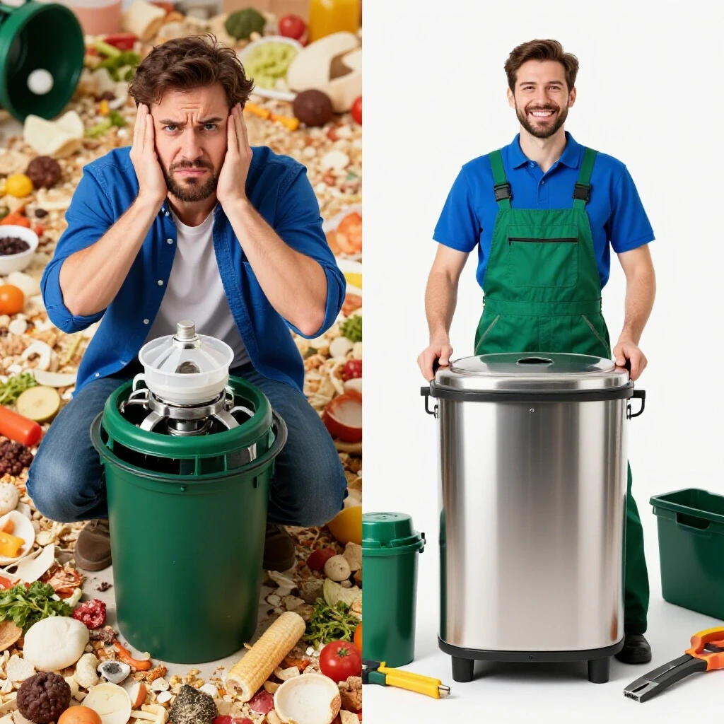 A split image showing a broken garbage disposal with food waste on one side and a shiny new disposal being installed on the other side.