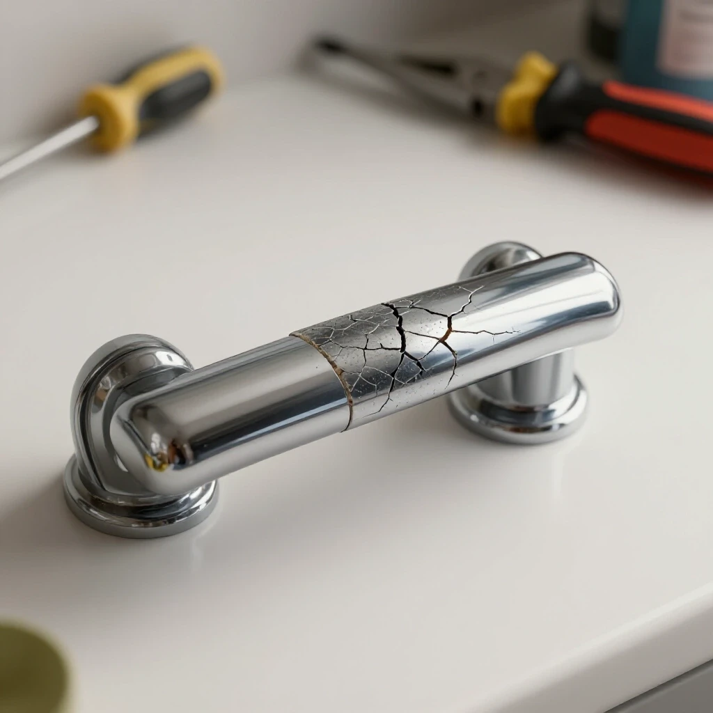 Close-up of a shiny new toilet handle next to an old cracked handle in a well-lit bathroom setting.