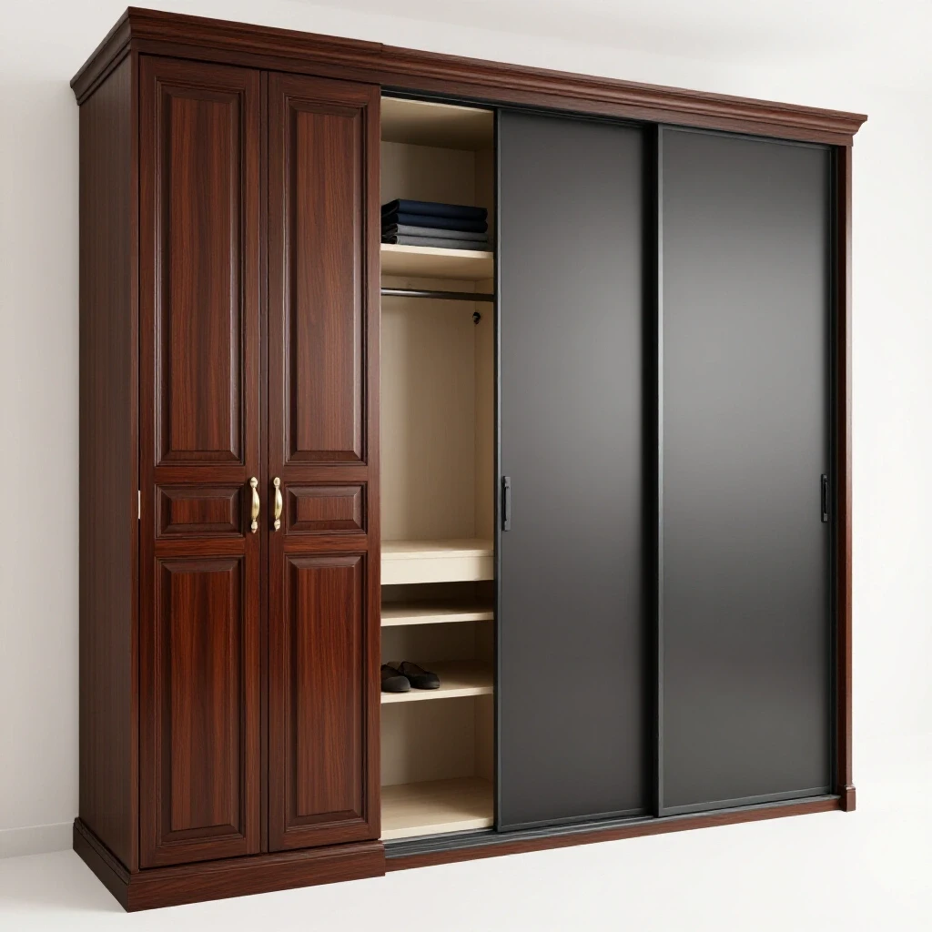 A visually striking half-open closet showcasing traditional and modern sliding doors, emphasizing organization and space.