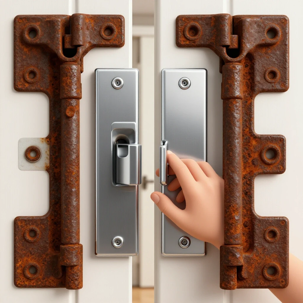 Close-up of rusty door hinges next to shiny new ones, with a hand reaching for the new hinge, blurred door in background.
