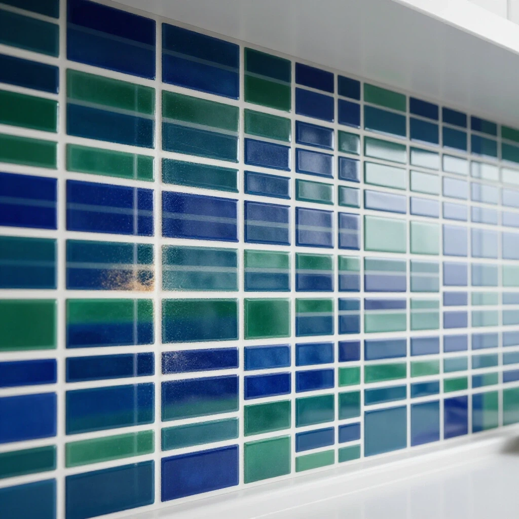 Close-up of a kitchen backsplash featuring vibrant new grout beside old discolored grout, highlighting a DIY transformation.