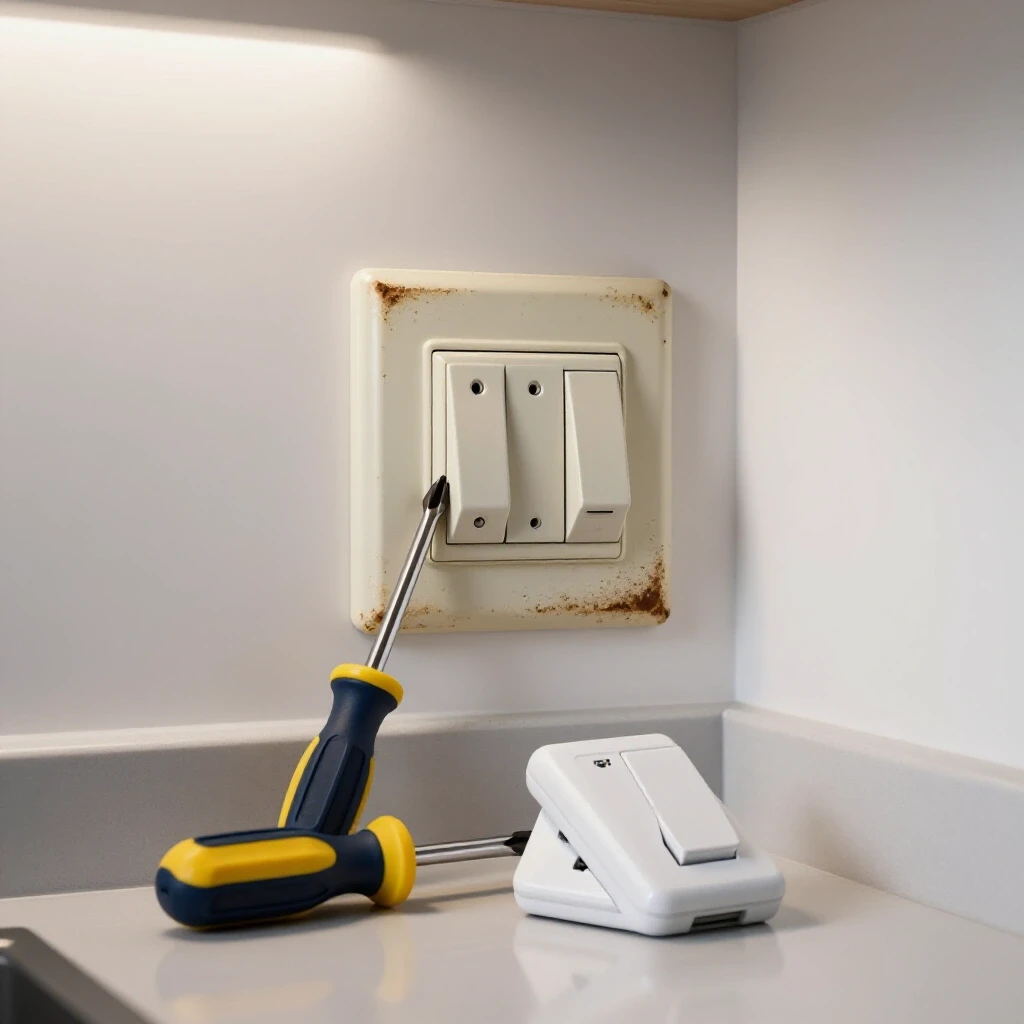 A bright kitchen scene highlighting a worn light switch in a dim corner alongside tools for replacing it.