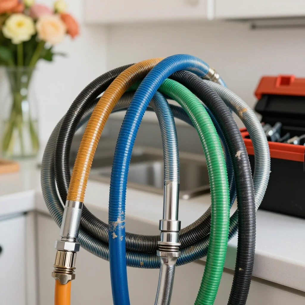 Close-up of a new shiny faucet hose intertwined with an old worn-out hose in a bright kitchen setting.