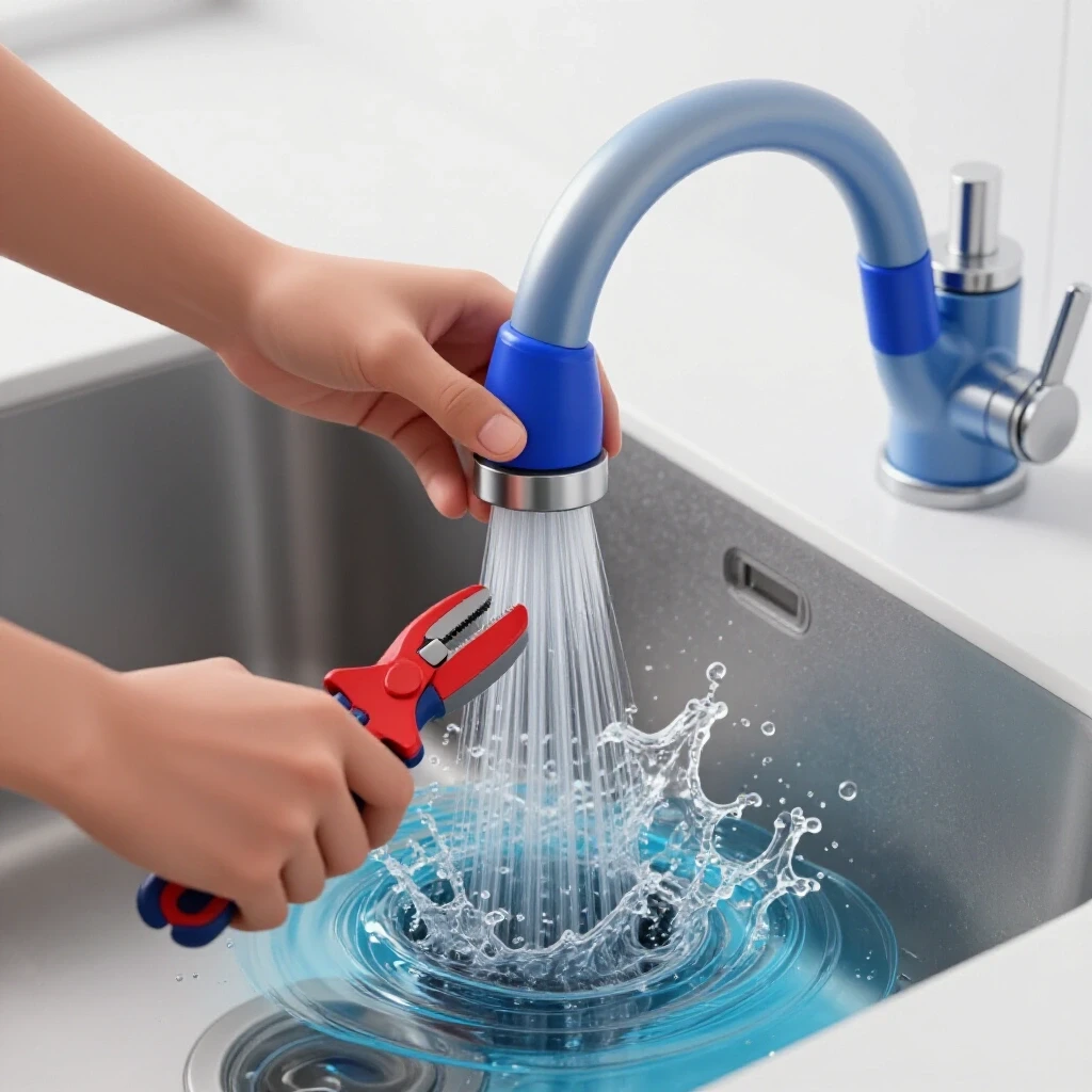 Close-up of hands replacing a leaking kitchen sink sprayer, with vibrant water scene illustrating the problem.