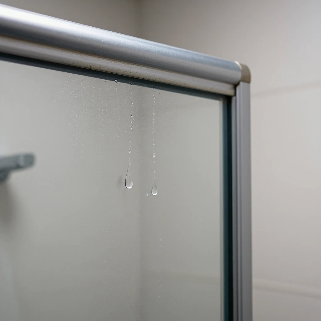 Close-up of a water droplet on a clear shower door seal, contrasting with an old seal in the background.