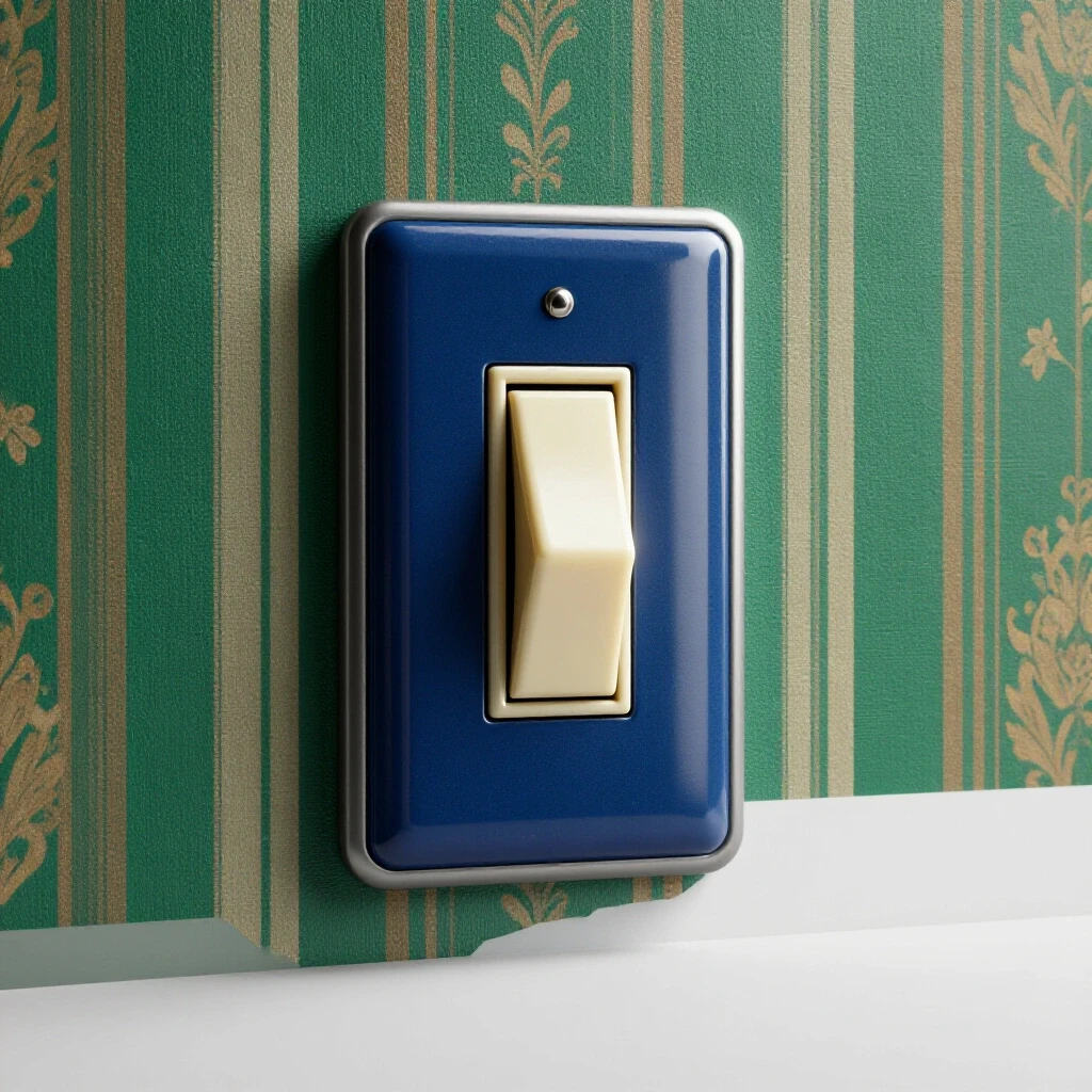 A vintage light switch surrounded by 1950s retro decor, with aged wallpaper and a subtle glow enhancing the scene.