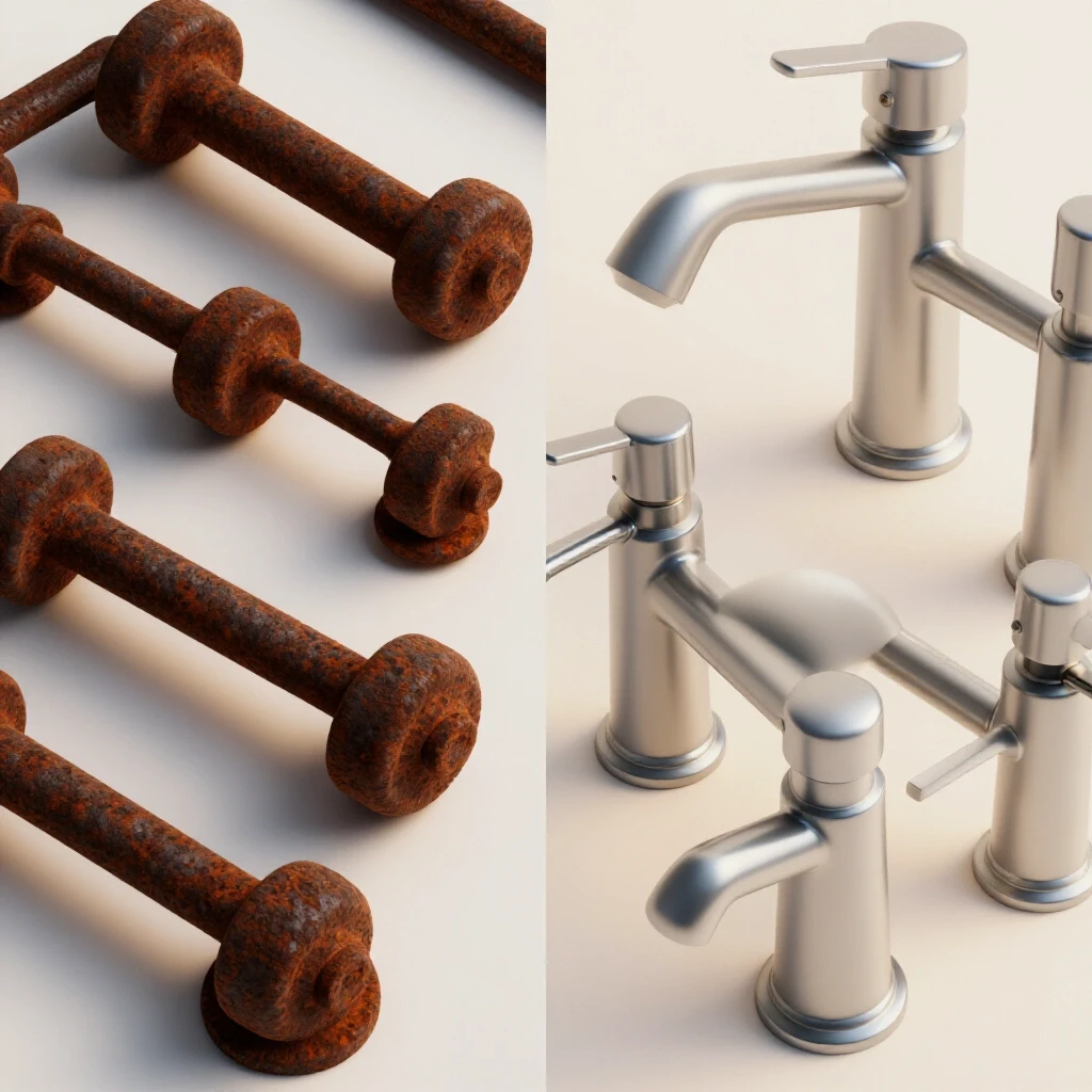 A visually striking split image comparing rusty bathroom hardware on the left with shiny new replacements on the right, showcasing the transformation.