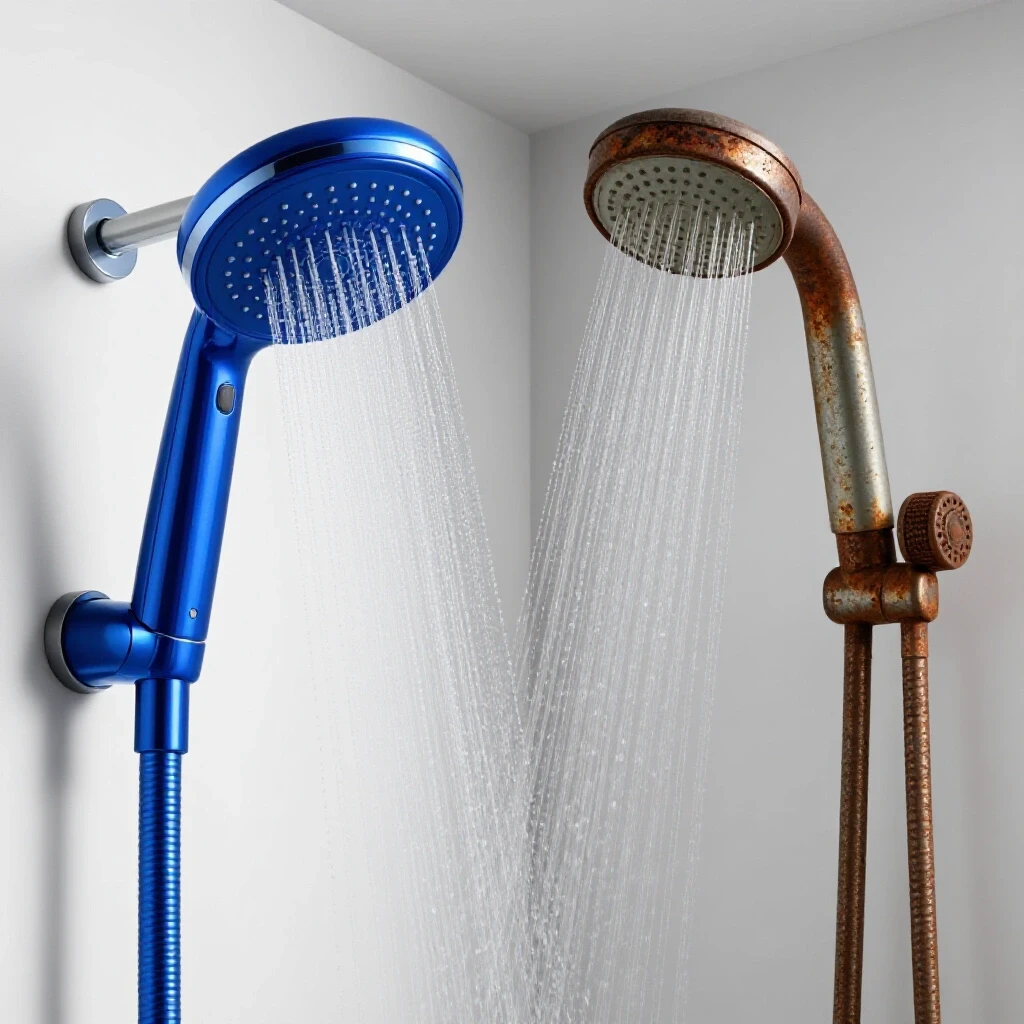 A split image showcasing a luxurious modern shower head with cascading water alongside a rusted older shower head, emphasizing water efficiency