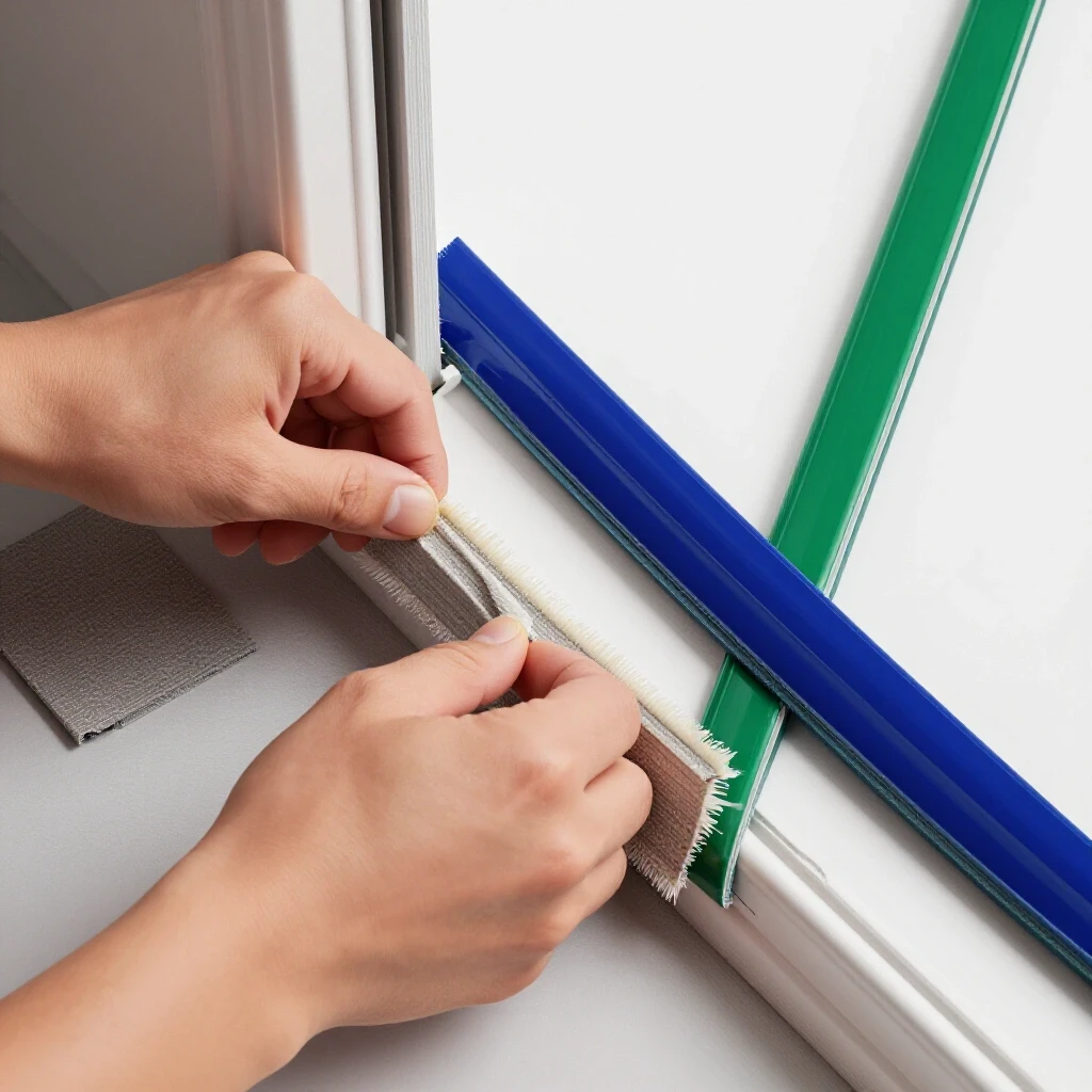 Hands removing old weatherstripping from a doorframe with a new weatherstrip beside it, showcasing texture and color.