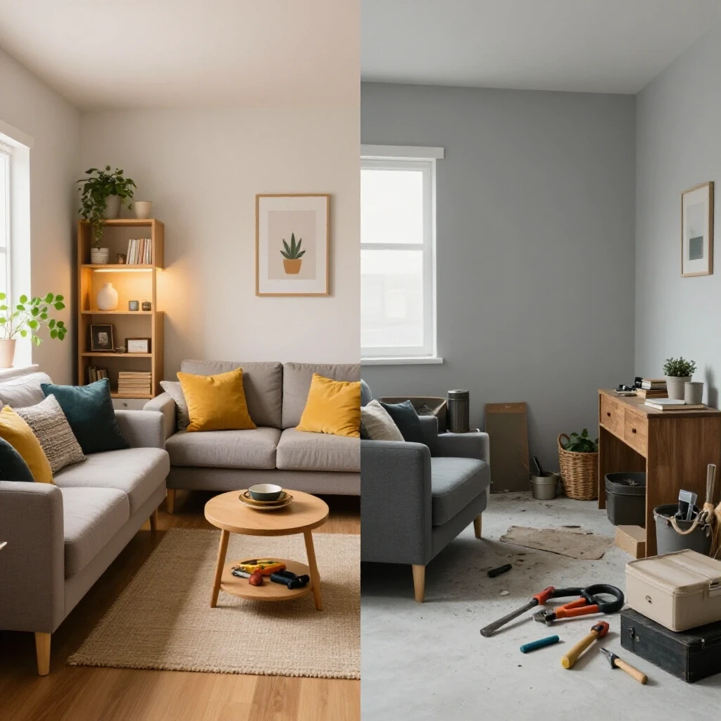 A visually striking split image contrasting a renovated living space with a cluttered room, emphasizing home renovation choices.