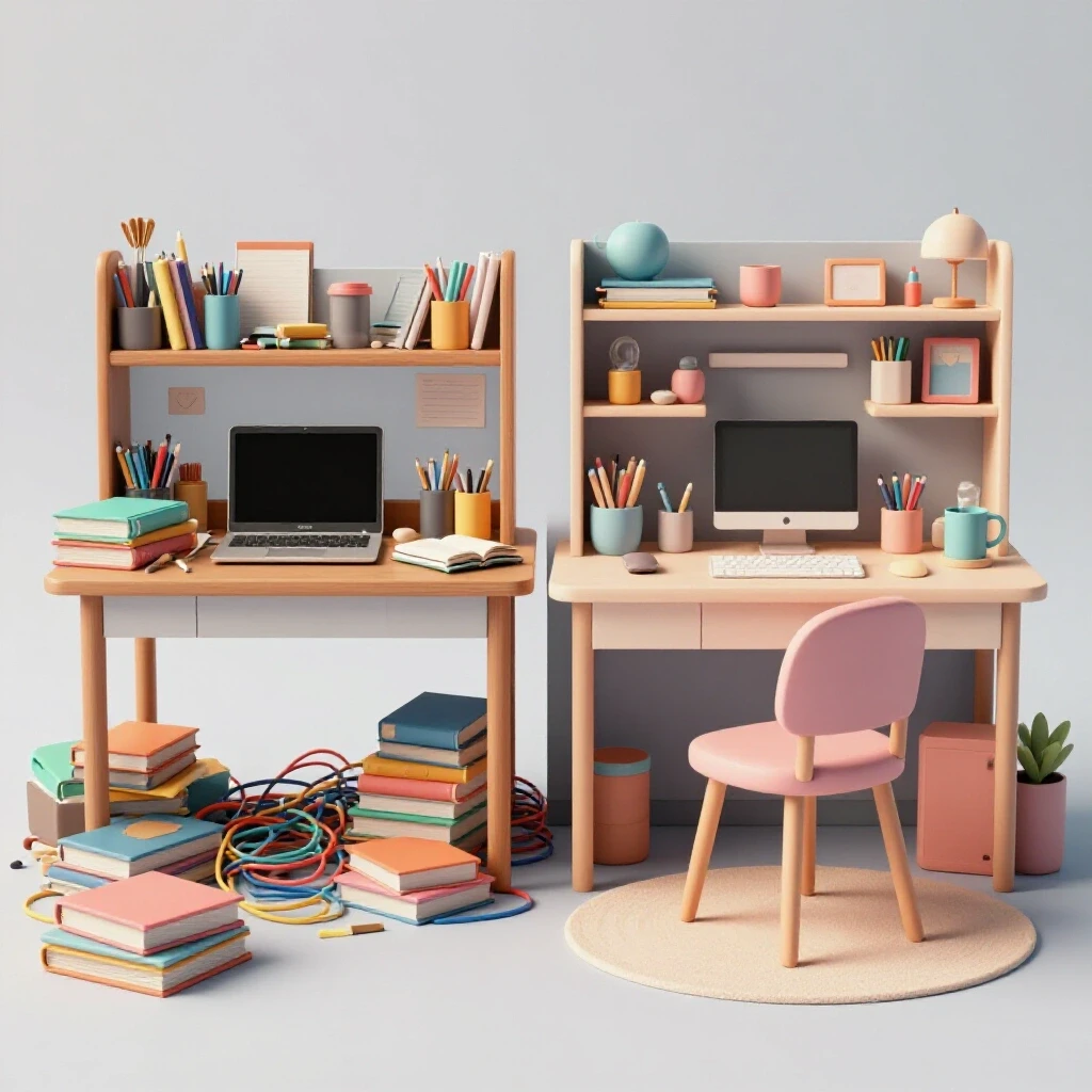 A cluttered homework station transitioning to an organized workspace, showing a stark contrast in colors and order.